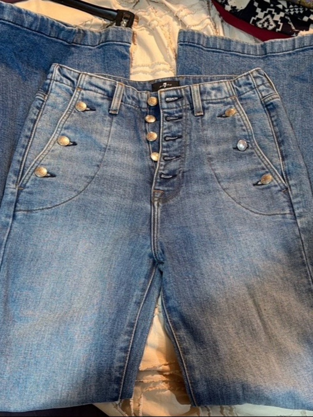 7 For All Mankind Light Blue High-Rise Button Flare Jeans Portia Mega-flare - Picture 5 of 5